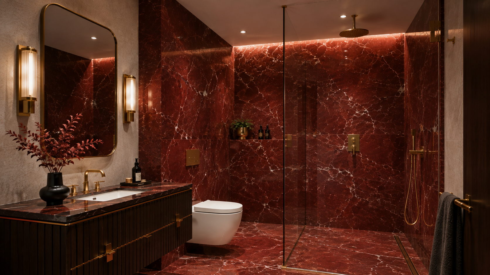 Modern open plan bathroom layout featuring a red marble walk-in glass shower enclosure